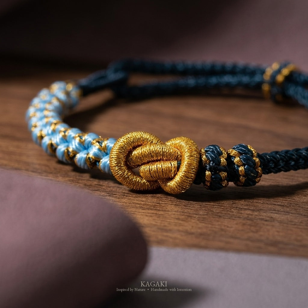 KAGAKI Twin Tide and Gold friendship couple red string cord, studio view, friendship couple bracelet gift