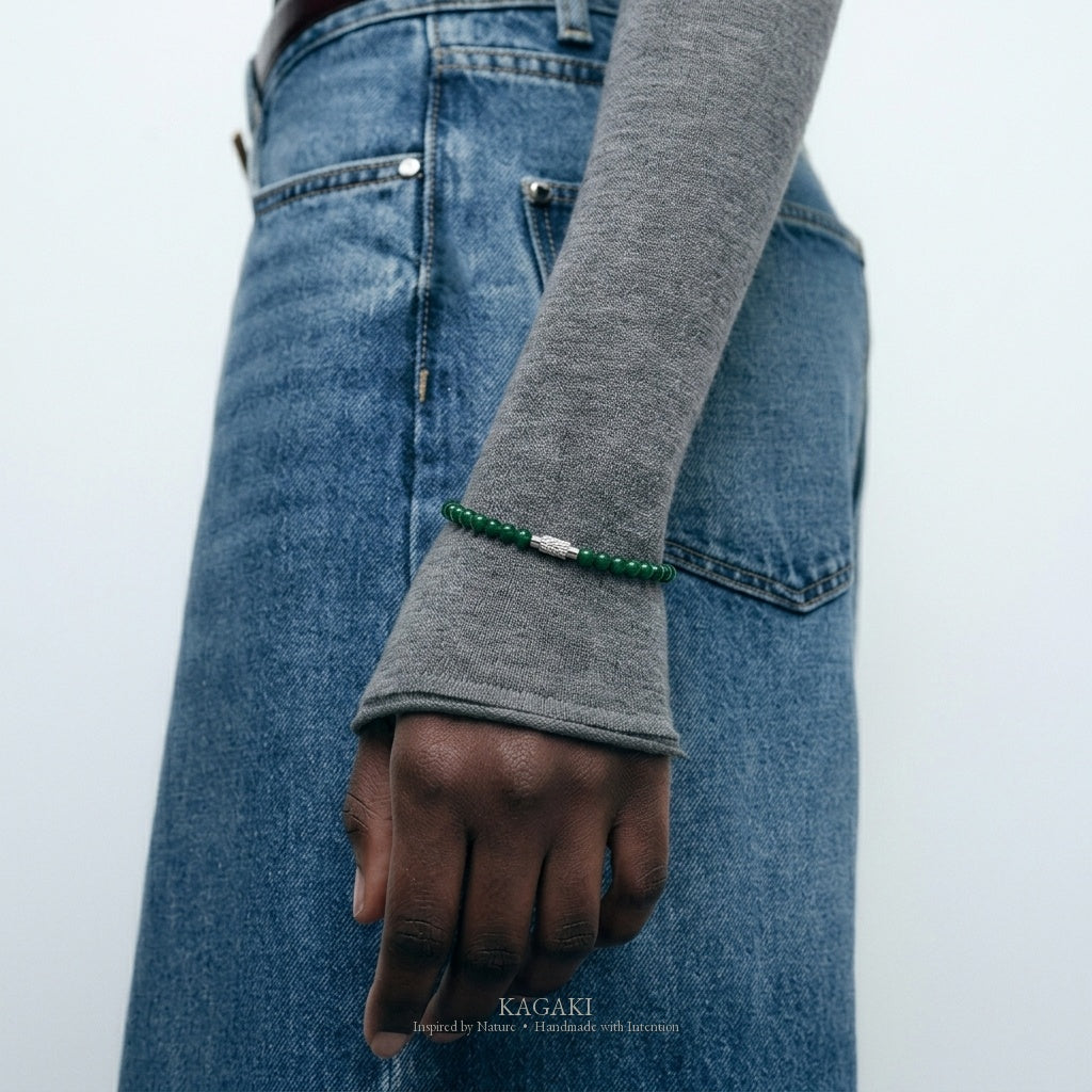 KAGAKI Juniper deep green jade fine bead bracelet, worn view, handmade green jade bracelet