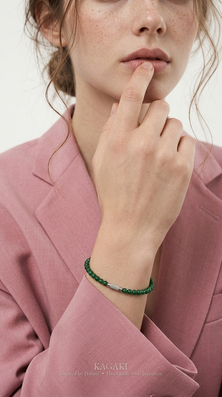 KAGAKI Juniper deep green jade fine bead bracelet, worn view, handmade green jade bracelet