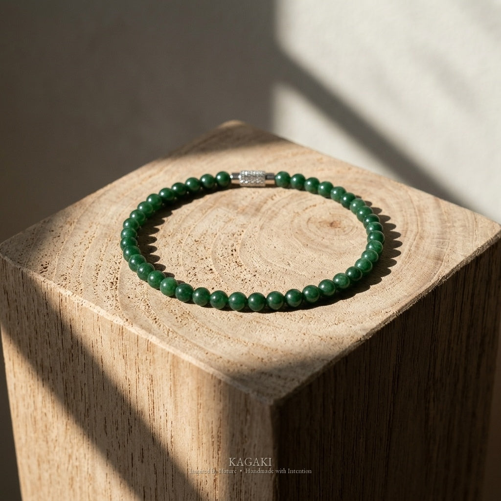 KAGAKI Juniper deep green jade fine bead bracelet, studio styled view, handmade green jade bracelet