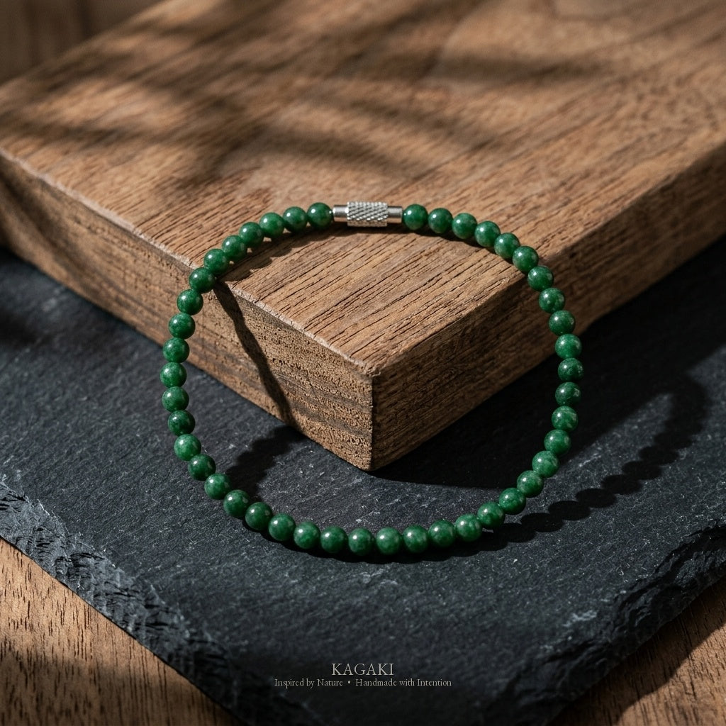 KAGAKI Juniper deep green jade fine bead bracelet, studio styled view, handmade green jade bracelet