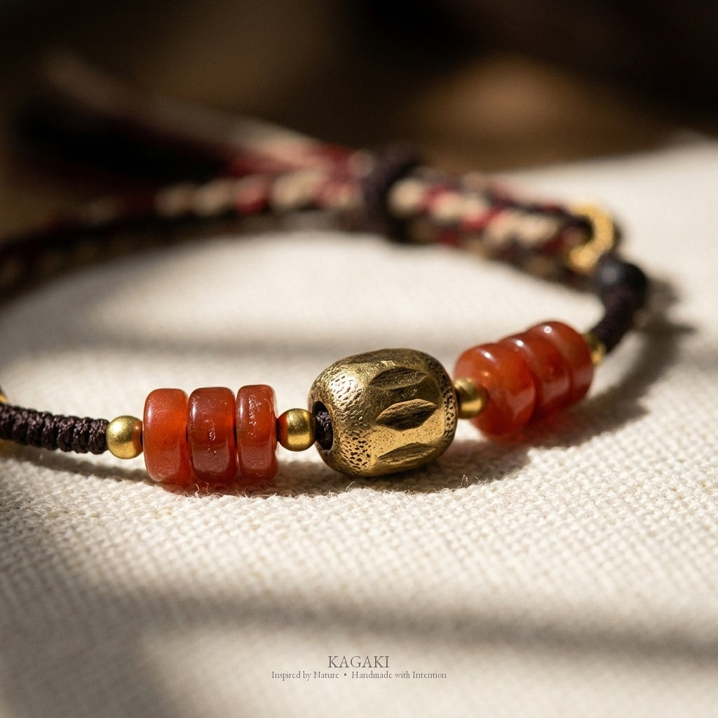 KAGAKI Incense agarwood red agate braided bracelet, product view, handmade agarwood bracelet
