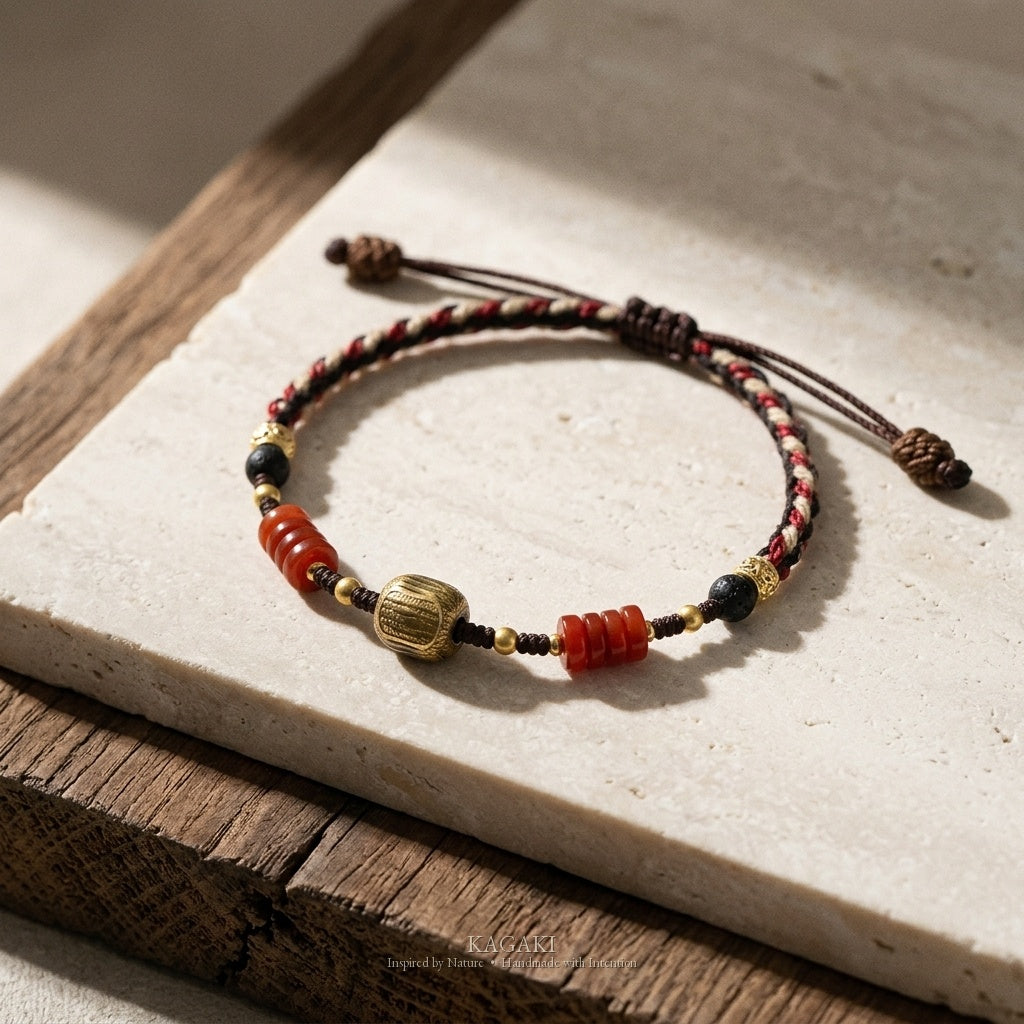 KAGAKI Incense agarwood red agate braided bracelet, product view, handmade agarwood bracelet