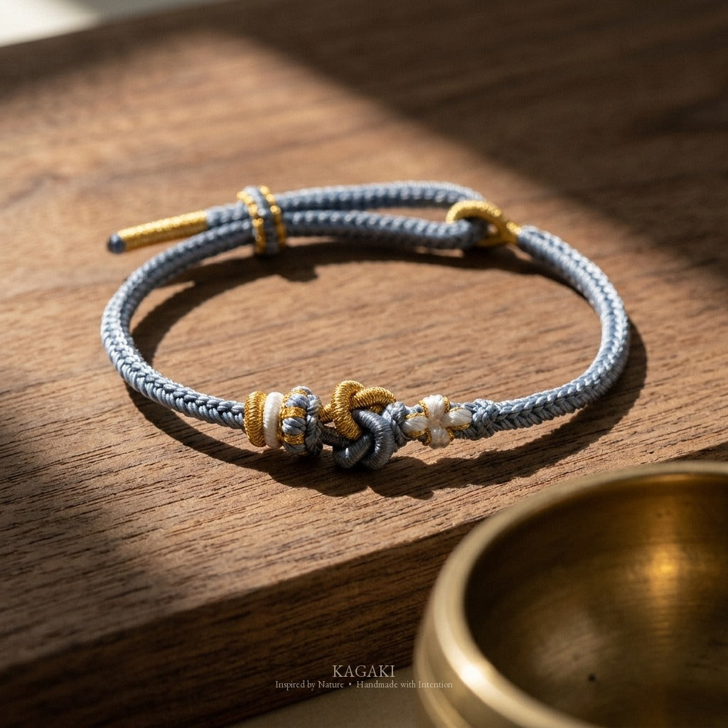 KAGAKI Tinder Soft Compassion gold knot color intention cord, studio view, intention bracelet by color