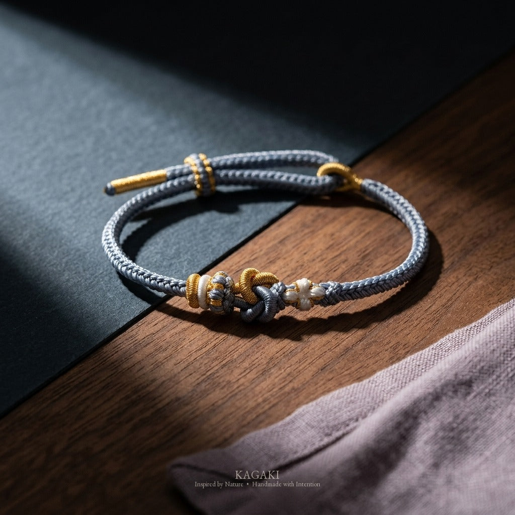 KAGAKI Tinder Soft Compassion gold knot color intention cord, studio view, intention bracelet by color