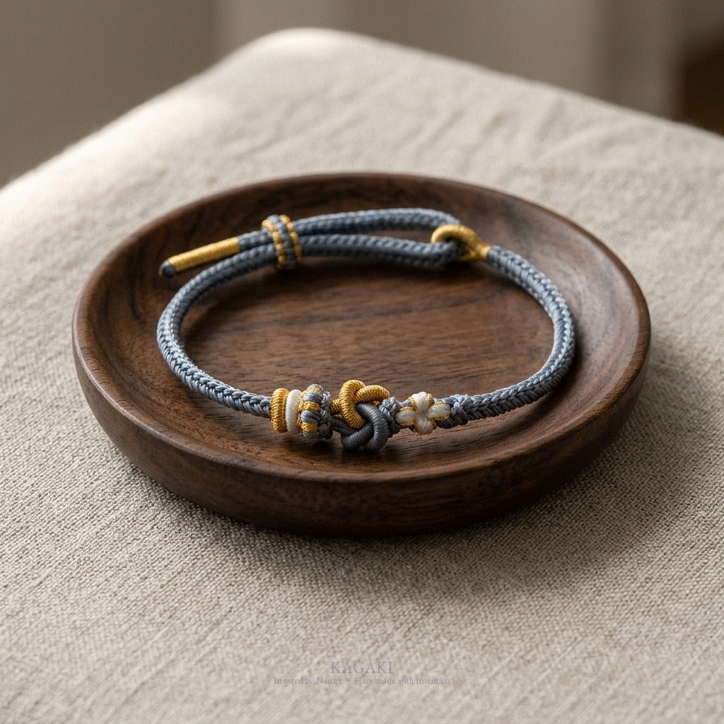KAGAKI Tinder Soft Compassion gold knot color intention cord, studio view, intention bracelet by color