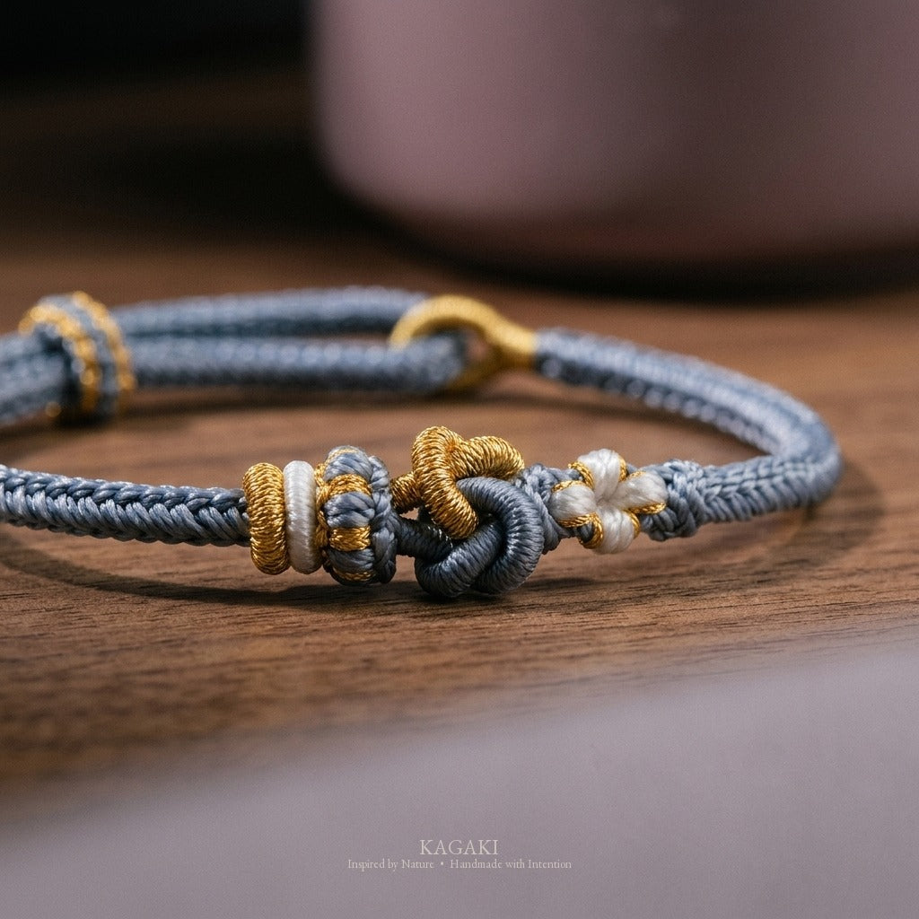 KAGAKI Tinder Soft Compassion gold knot color intention cord, studio view, intention bracelet by color
