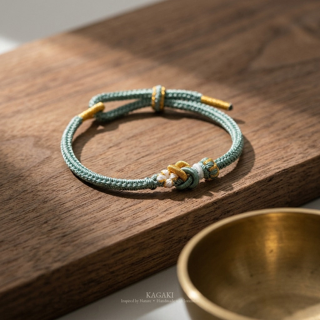 KAGAKI Tinder Quiet Grounding gold knot color intention cord, studio view, intention bracelet by color