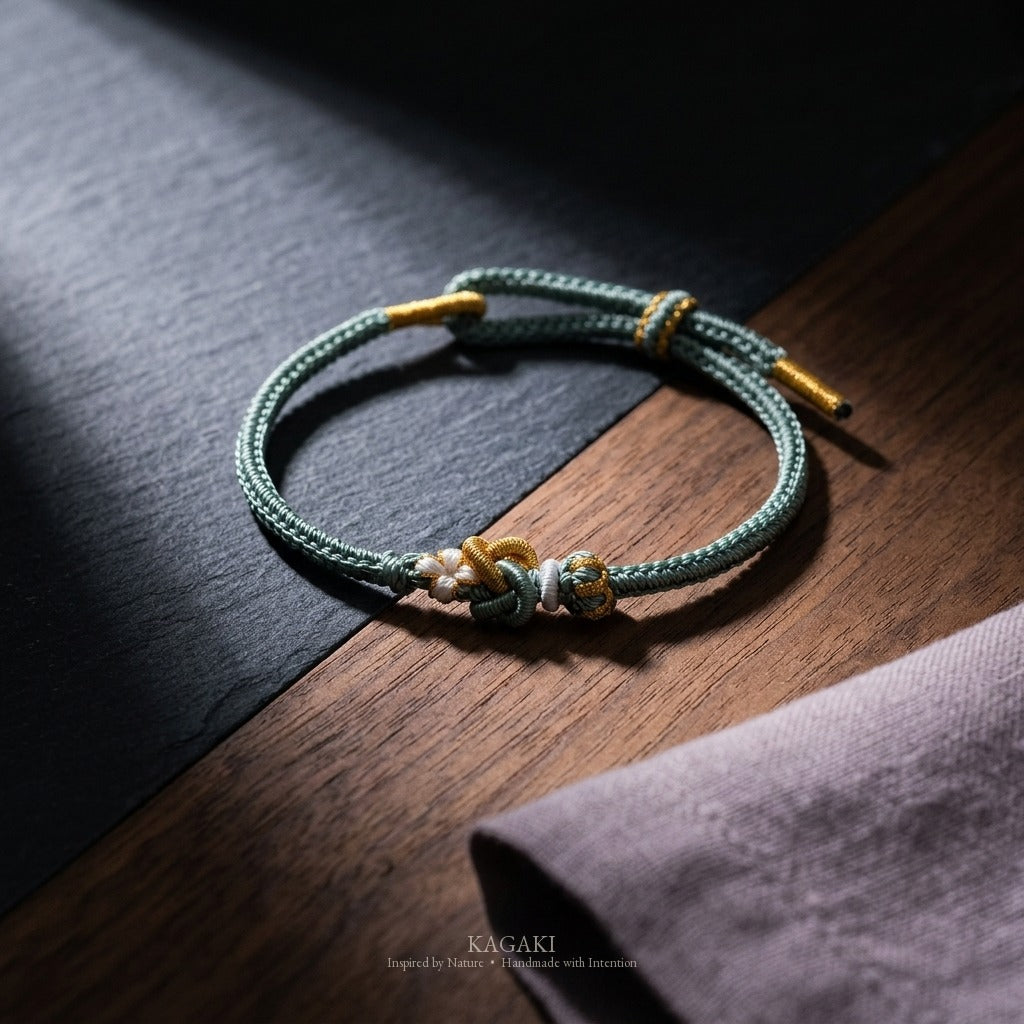 KAGAKI Tinder Quiet Grounding gold knot color intention cord, studio view, intention bracelet by color