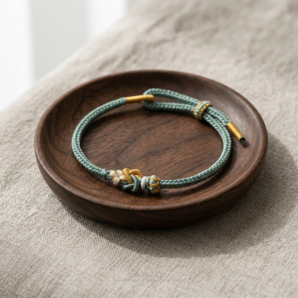 KAGAKI Tinder Quiet Grounding gold knot color intention cord, studio view, intention bracelet by color