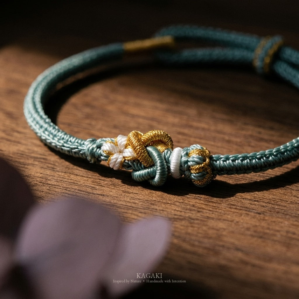 KAGAKI Tinder Quiet Grounding gold knot color intention cord, studio view, intention bracelet by color