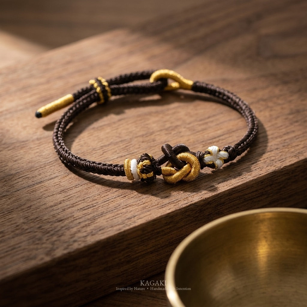 KAGAKI Tinder Calm Protection gold knot color intention cord, studio view, intention bracelet by color