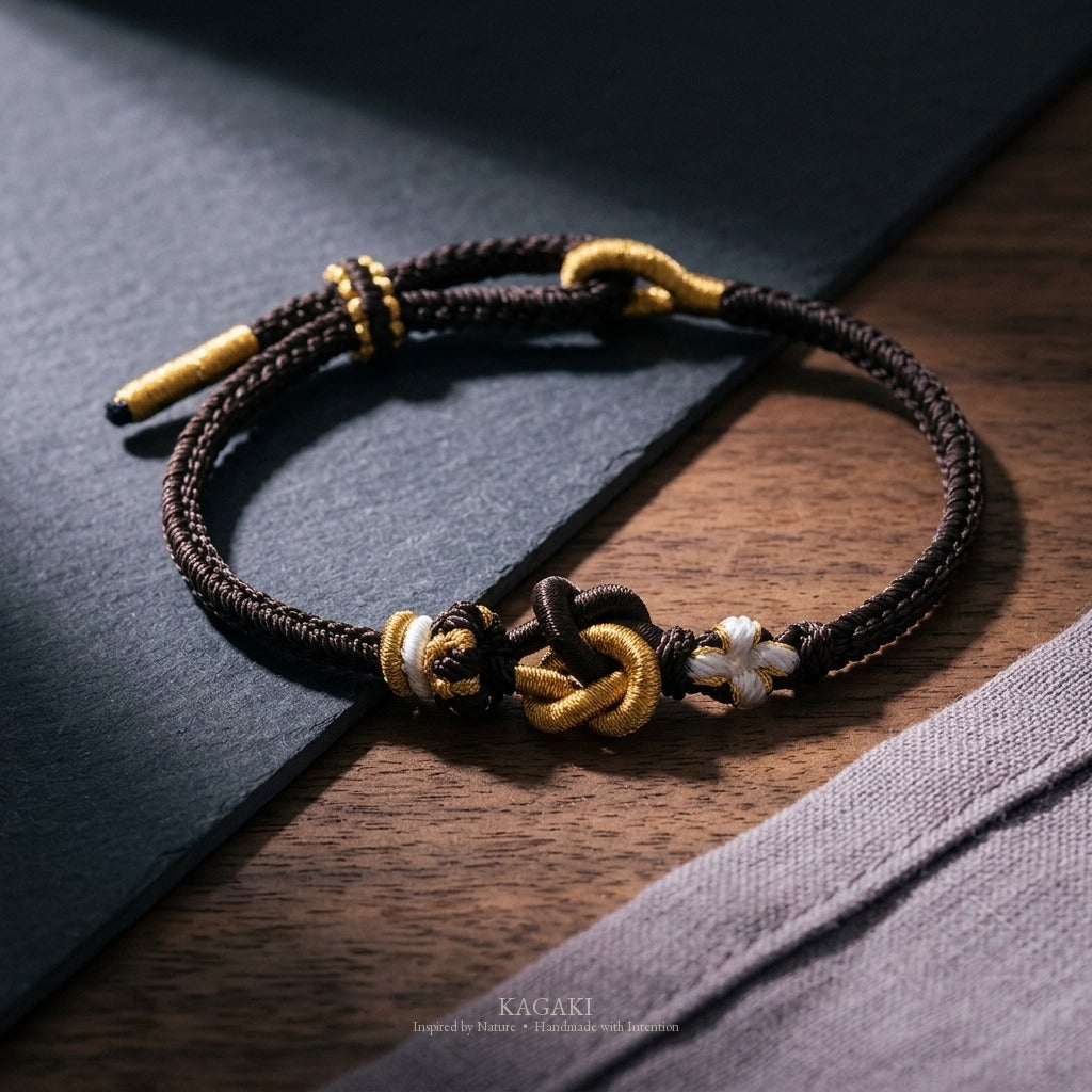 KAGAKI Tinder Calm Protection gold knot color intention cord, studio view, intention bracelet by color