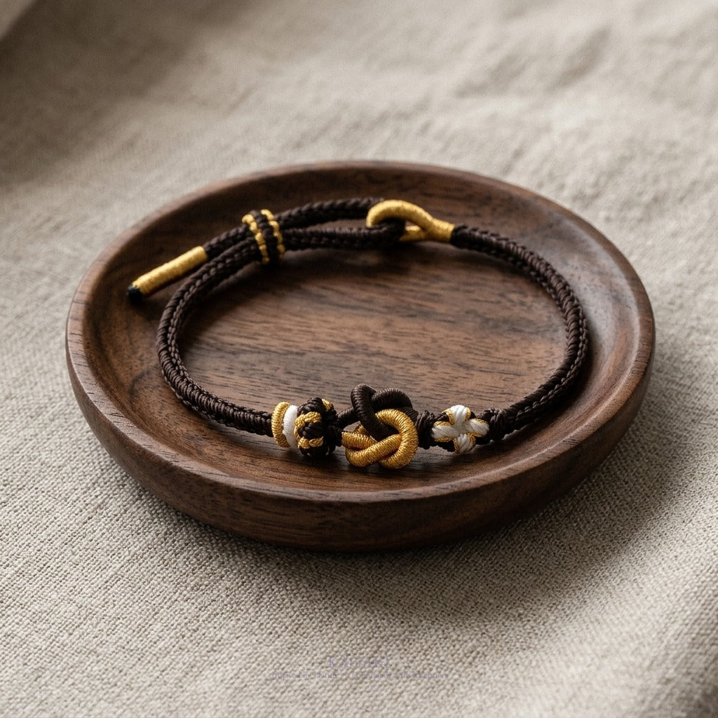 KAGAKI Tinder Calm Protection gold knot color intention cord, studio view, intention bracelet by color