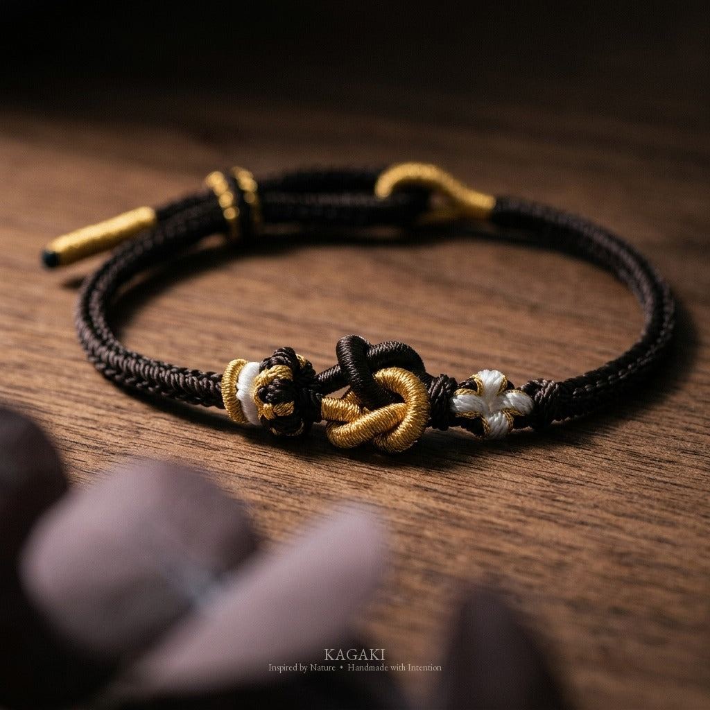 KAGAKI Tinder Calm Protection gold knot color intention cord, studio view, intention bracelet by color