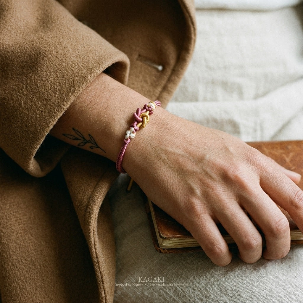 KAGAKI Tinder Open Clarity gold knot color intention cord, wrist view, intention bracelet by color