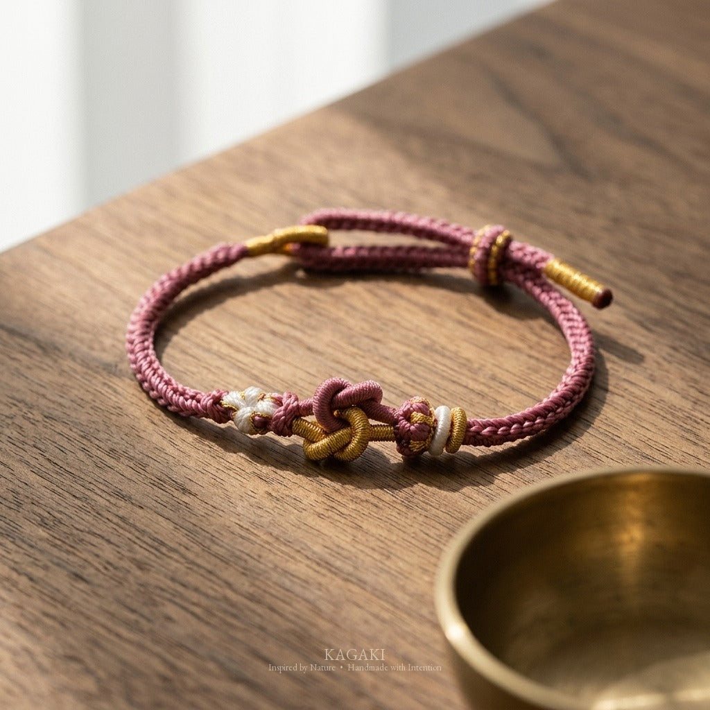 KAGAKI Tinder Open Clarity gold knot color intention cord, studio view, intention bracelet by color