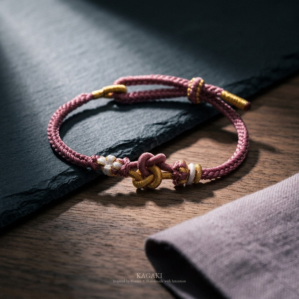 KAGAKI Tinder Open Clarity gold knot color intention cord, studio view, intention bracelet by color