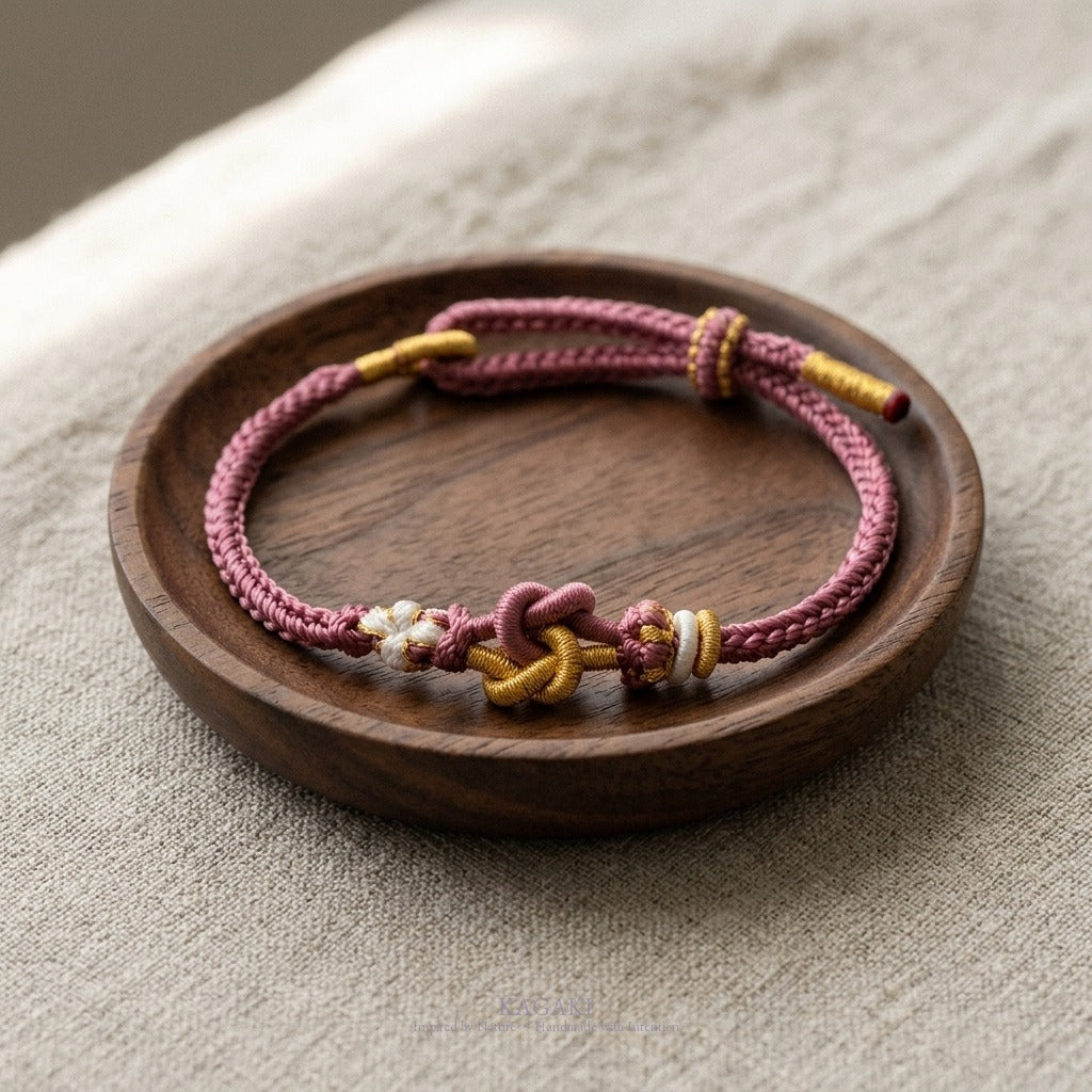 KAGAKI Tinder Open Clarity gold knot color intention cord, studio view, intention bracelet by color
