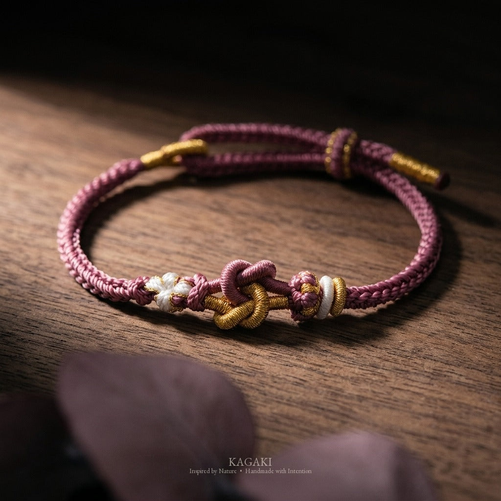 KAGAKI Tinder Open Clarity gold knot color intention cord, studio view, intention bracelet by color