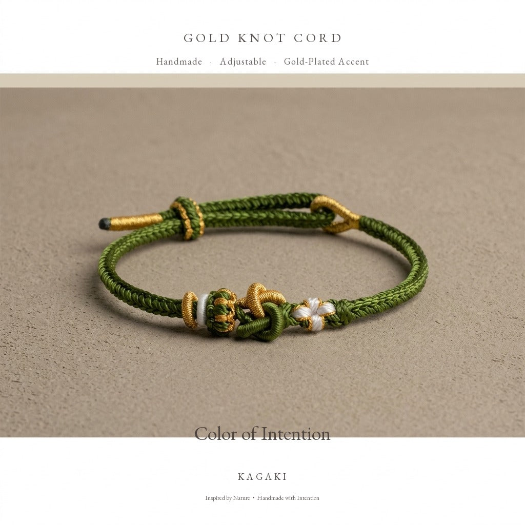 KAGAKI Tinder Warm Welcome gold knot color intention cord, product view, intention bracelet by color