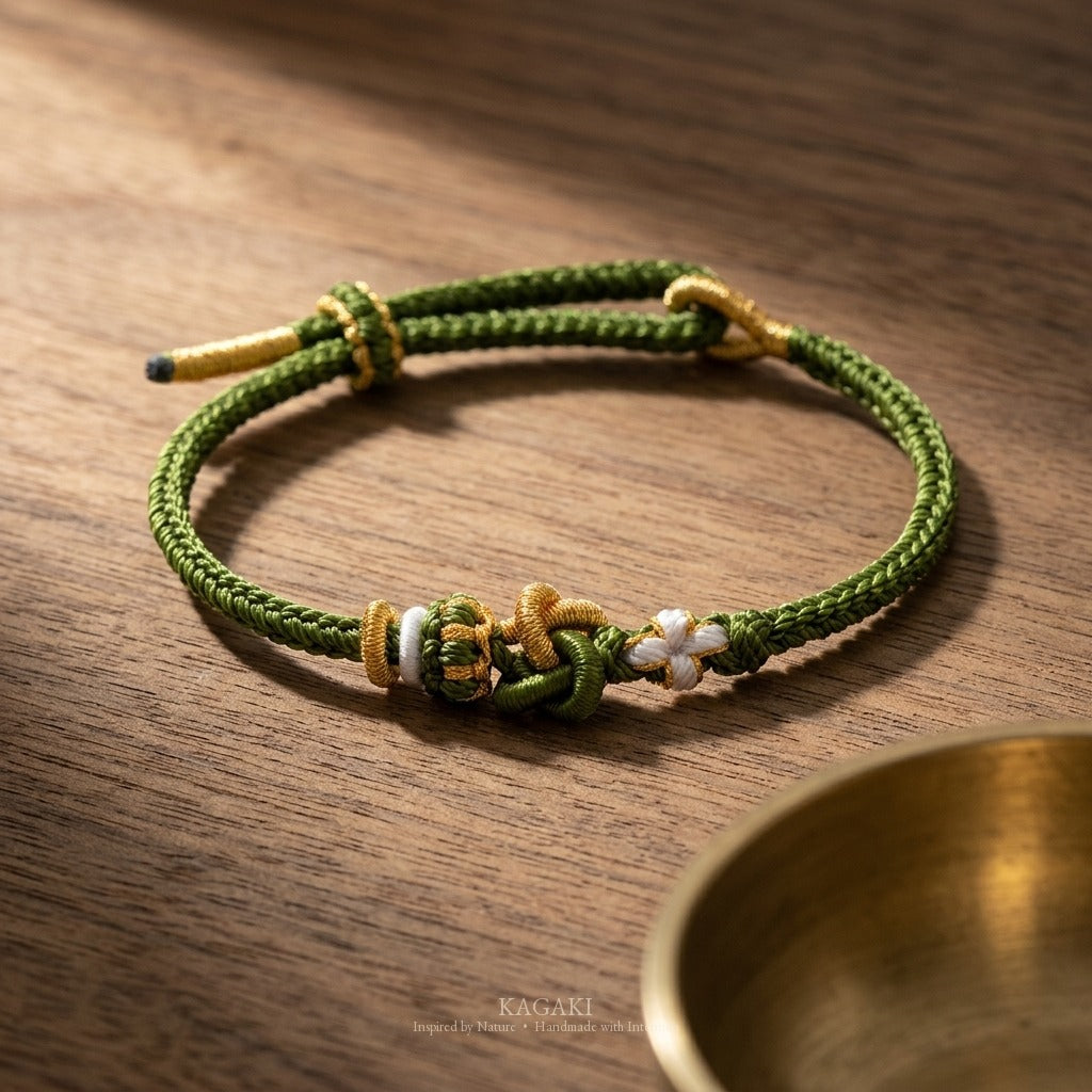 KAGAKI Tinder Warm Welcome gold knot color intention cord, studio view, intention bracelet by color