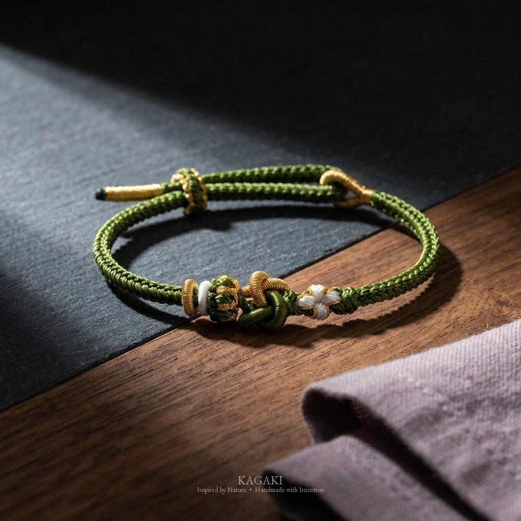 KAGAKI Tinder Warm Welcome gold knot color intention cord, studio view, intention bracelet by color