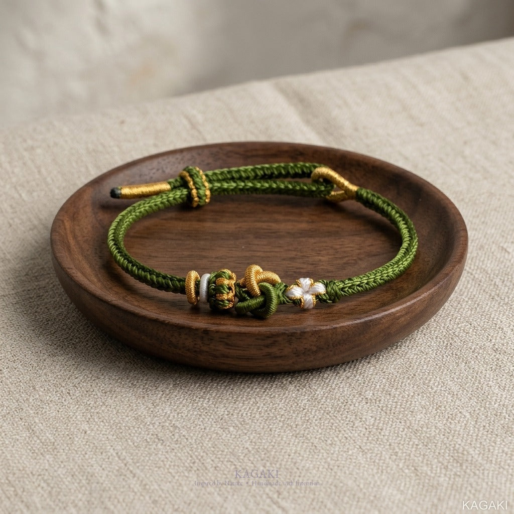 KAGAKI Tinder Warm Welcome gold knot color intention cord, studio view, intention bracelet by color