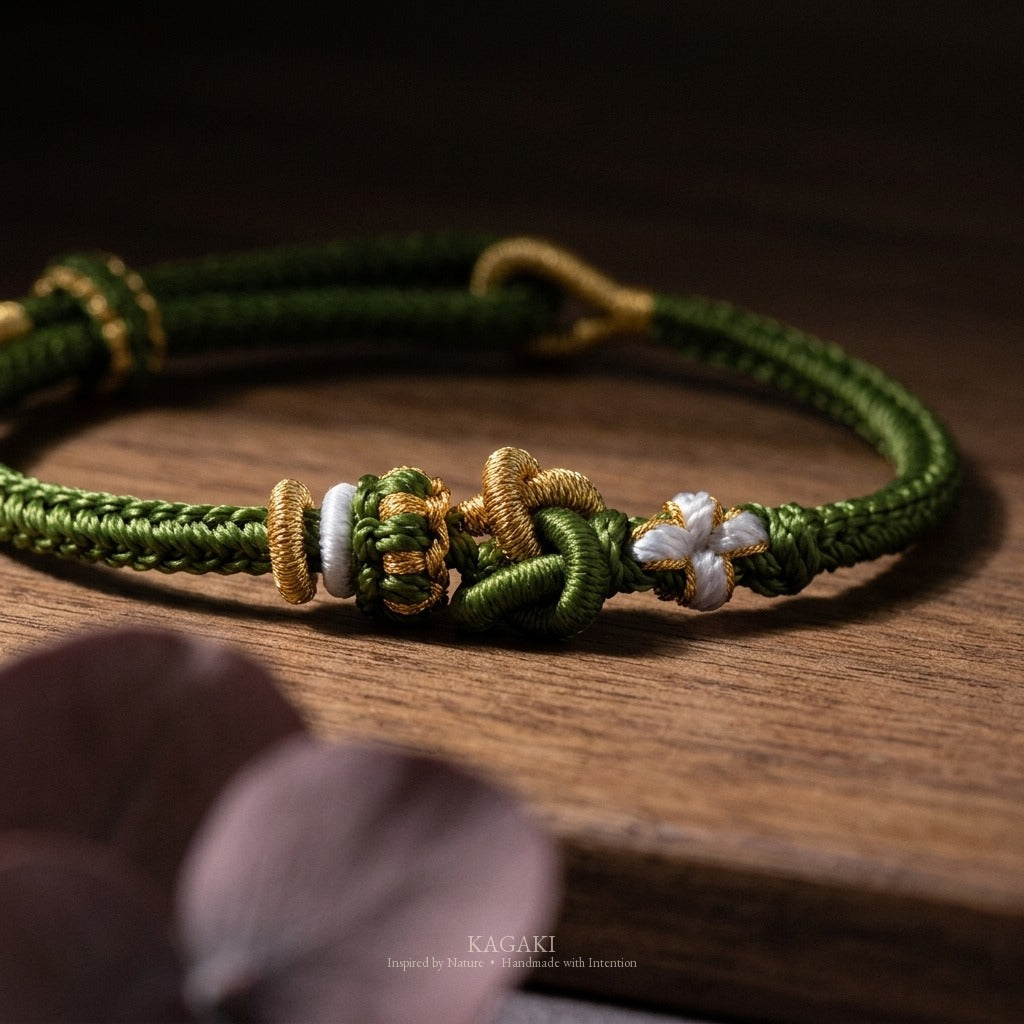 KAGAKI Tinder Warm Welcome gold knot color intention cord, studio view, intention bracelet by color