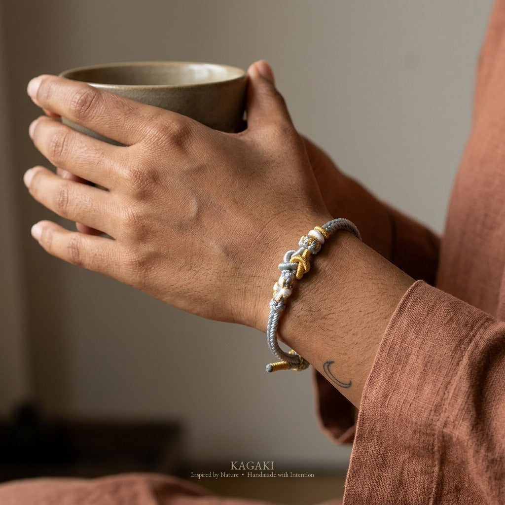 KAGAKI Tinder Slow Balance gold knot color intention cord, wrist view, intention bracelet by color