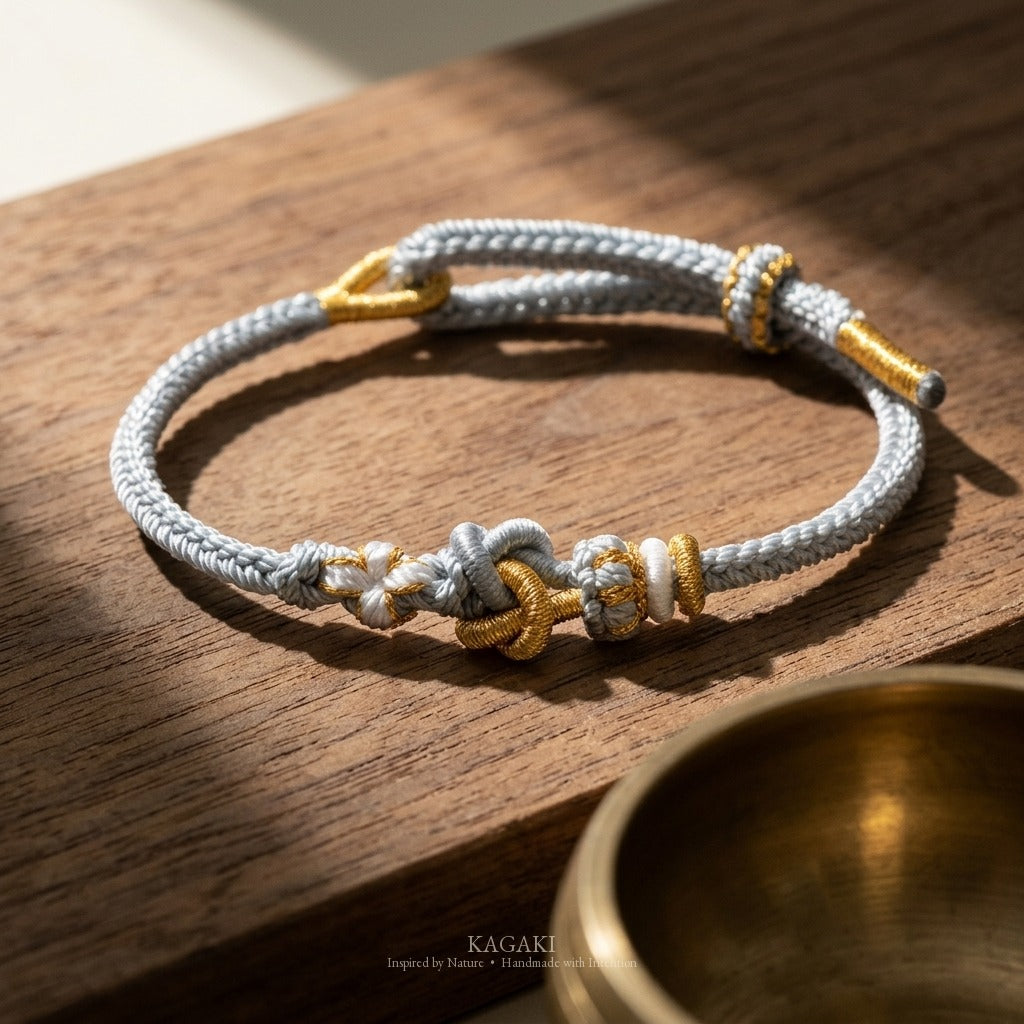 KAGAKI Tinder Slow Balance gold knot color intention cord, studio view, intention bracelet by color