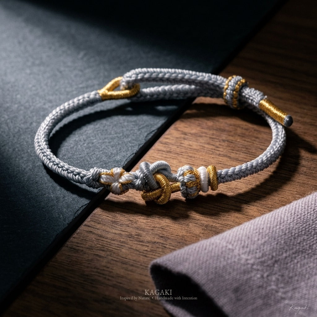 KAGAKI Tinder Slow Balance gold knot color intention cord, studio view, intention bracelet by color