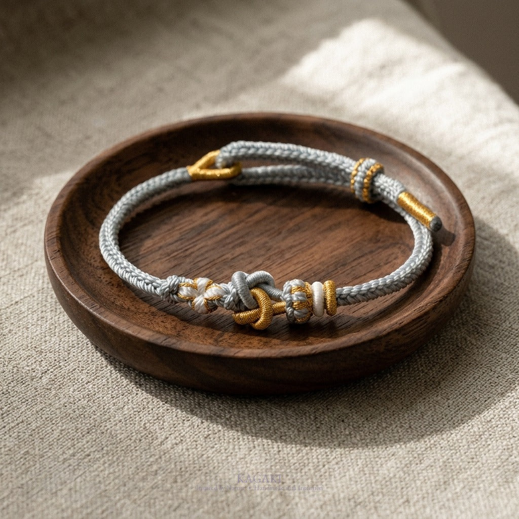 KAGAKI Tinder Slow Balance gold knot color intention cord, studio view, intention bracelet by color