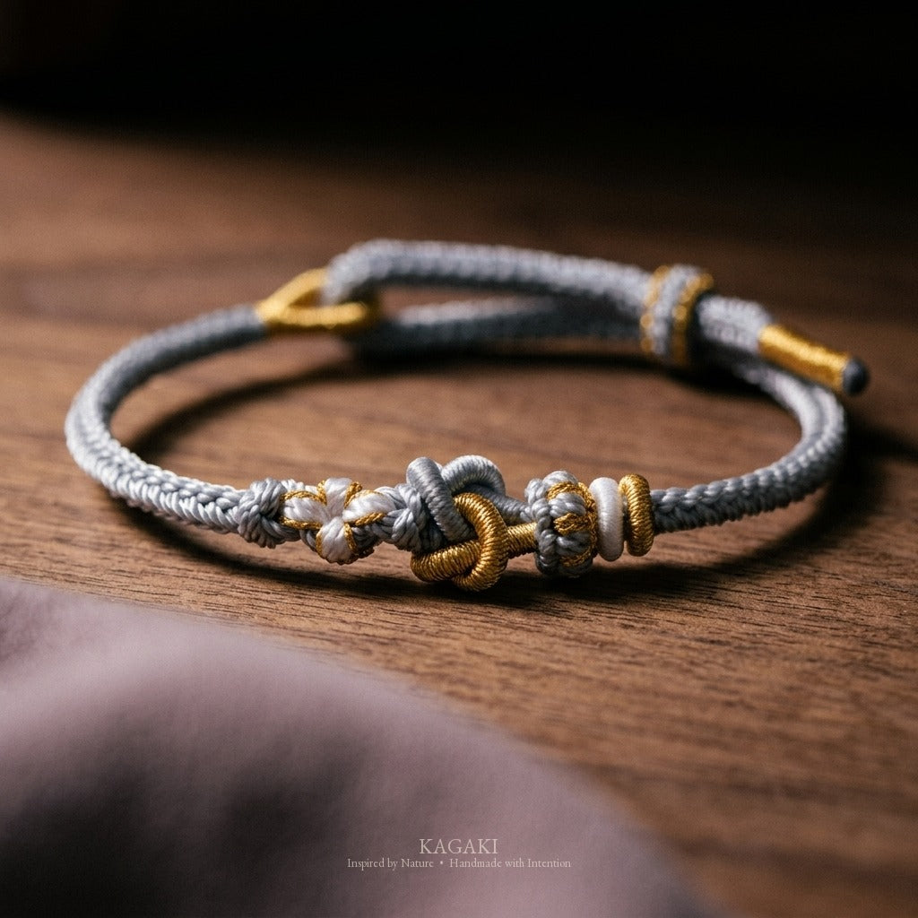 KAGAKI Tinder Slow Balance gold knot color intention cord, studio view, intention bracelet by color