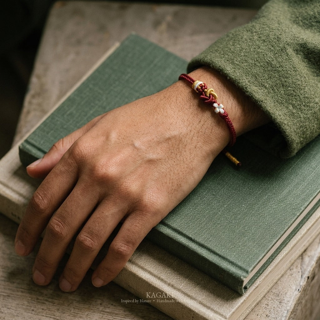 KAGAKI Tinder Deep Quiet gold knot color intention cord, wrist view, intention bracelet by color