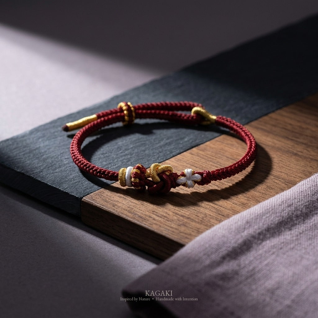 KAGAKI Tinder Deep Quiet gold knot color intention cord, studio view, intention bracelet by color