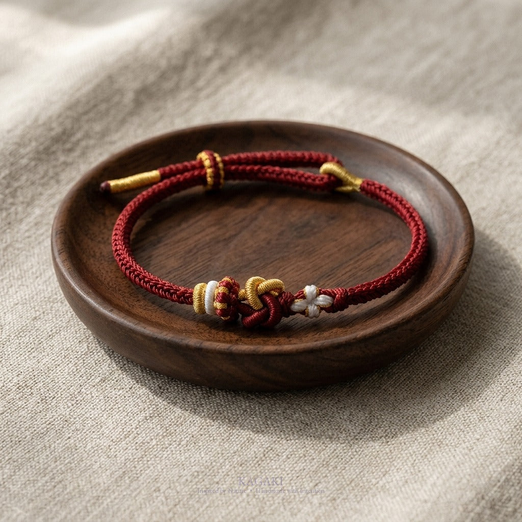 KAGAKI Tinder Deep Quiet gold knot color intention cord, studio view, intention bracelet by color