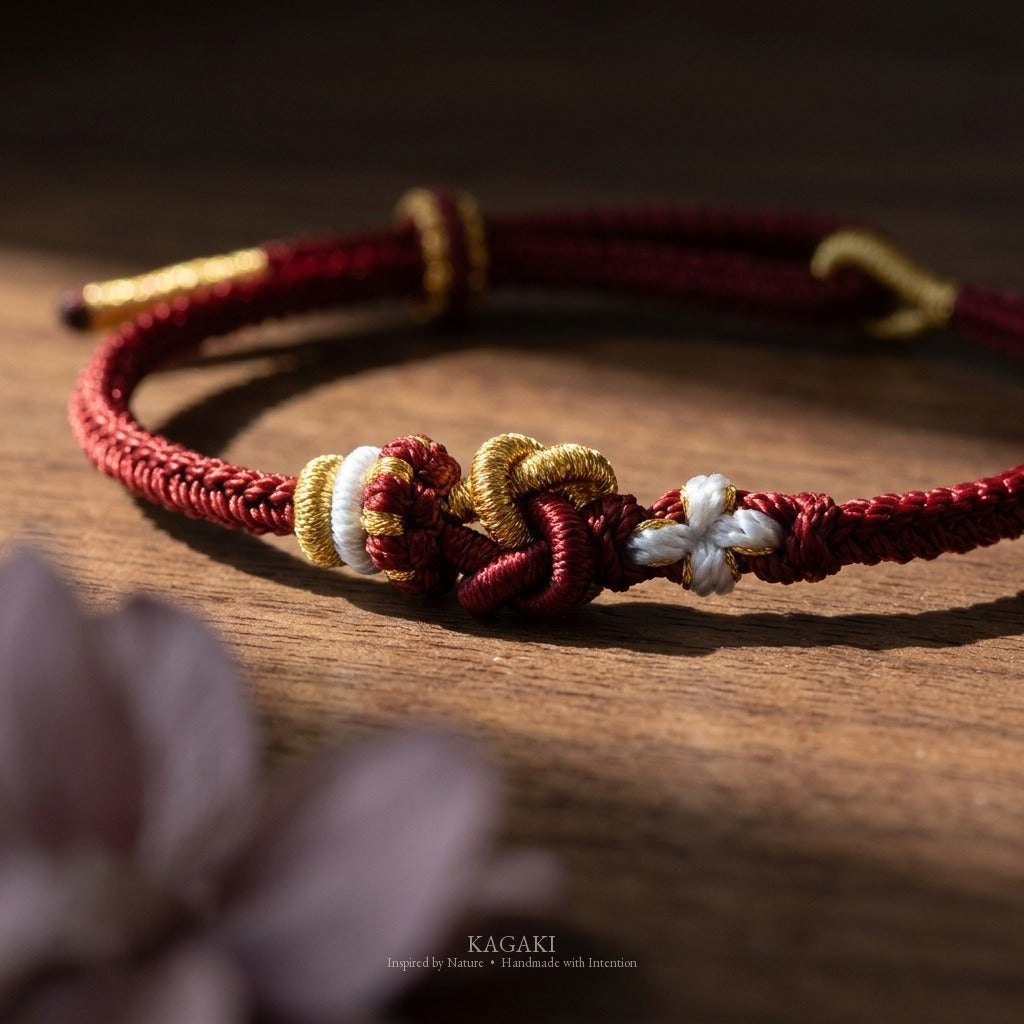 KAGAKI Tinder Deep Quiet gold knot color intention cord, studio view, intention bracelet by color
