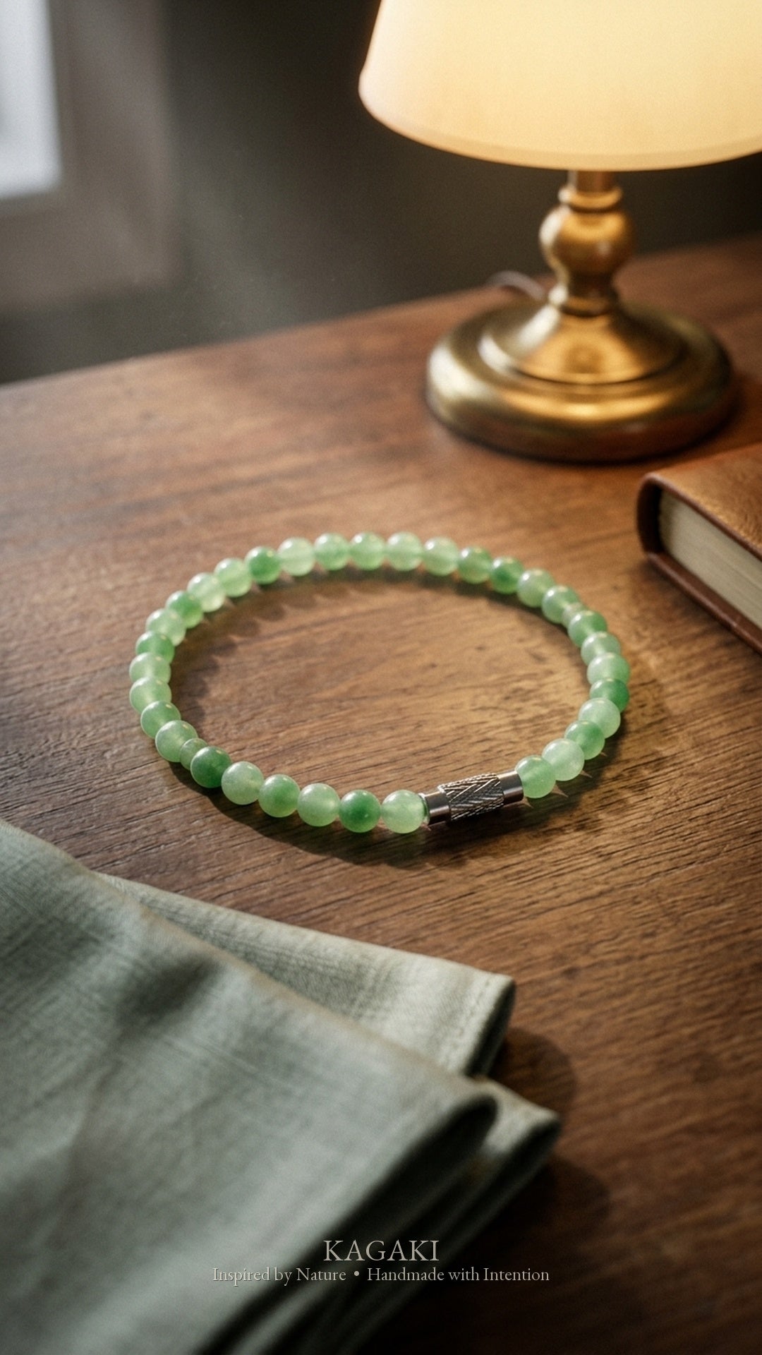 Sprout green jade beaded bracelet — editorial