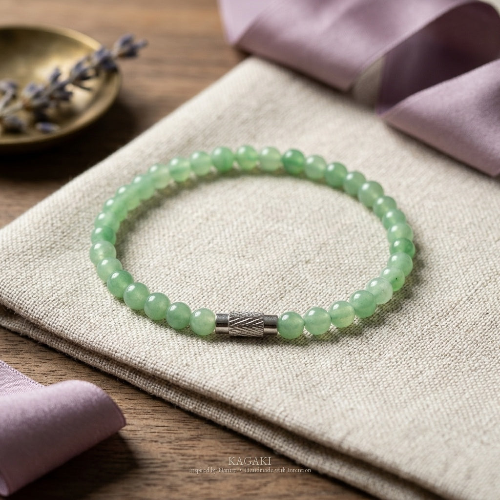 Sprout green jade bracelet with screw clasp — studio detail