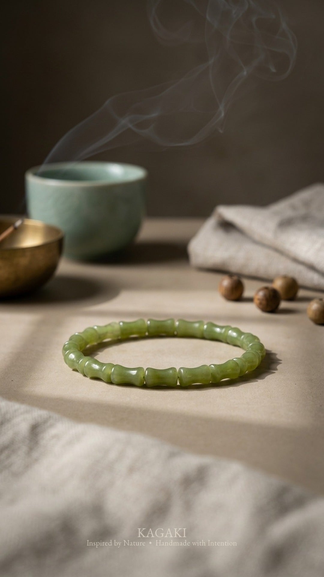 KAGAKI Bamboo green jade bamboo bead bracelet, editorial vertical, handmade bamboo bracelet