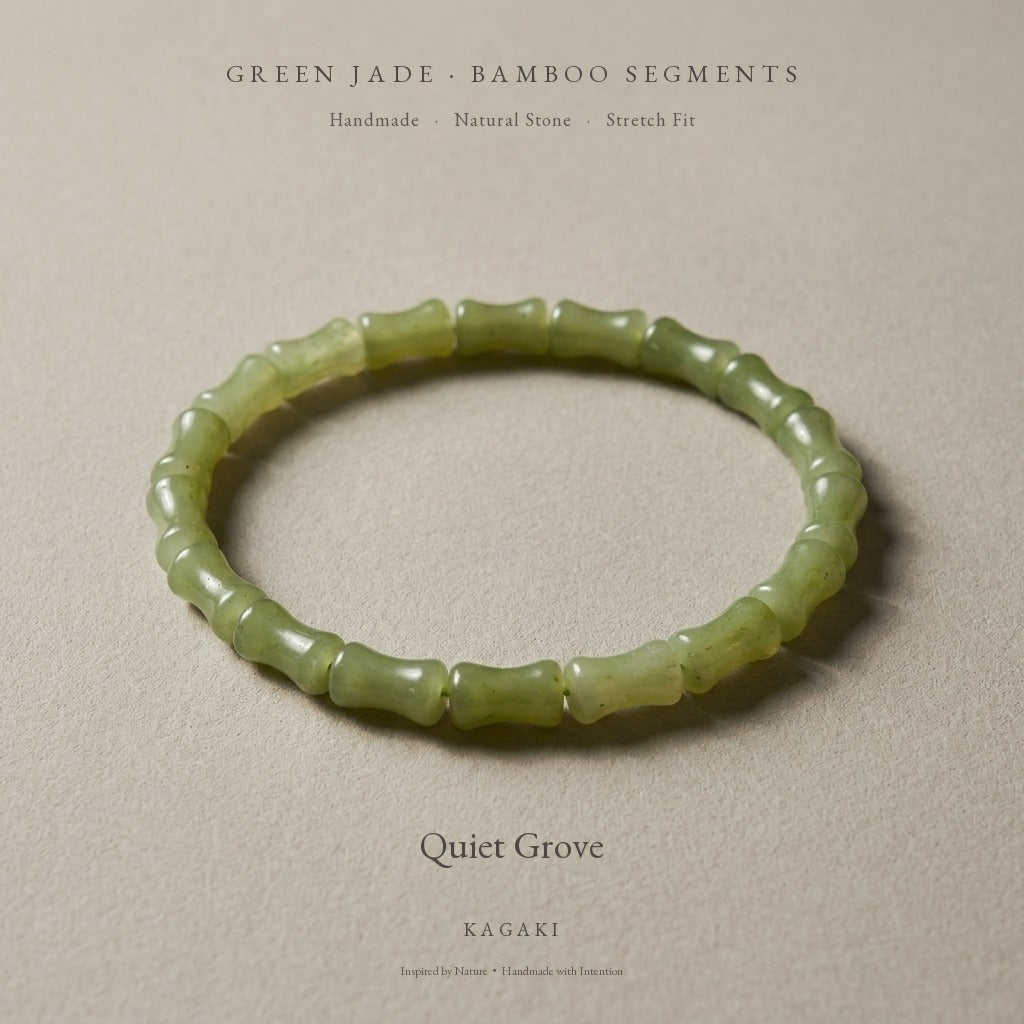 KAGAKI Bamboo green jade bamboo bead bracelet, editorial text card, handmade bamboo bracelet