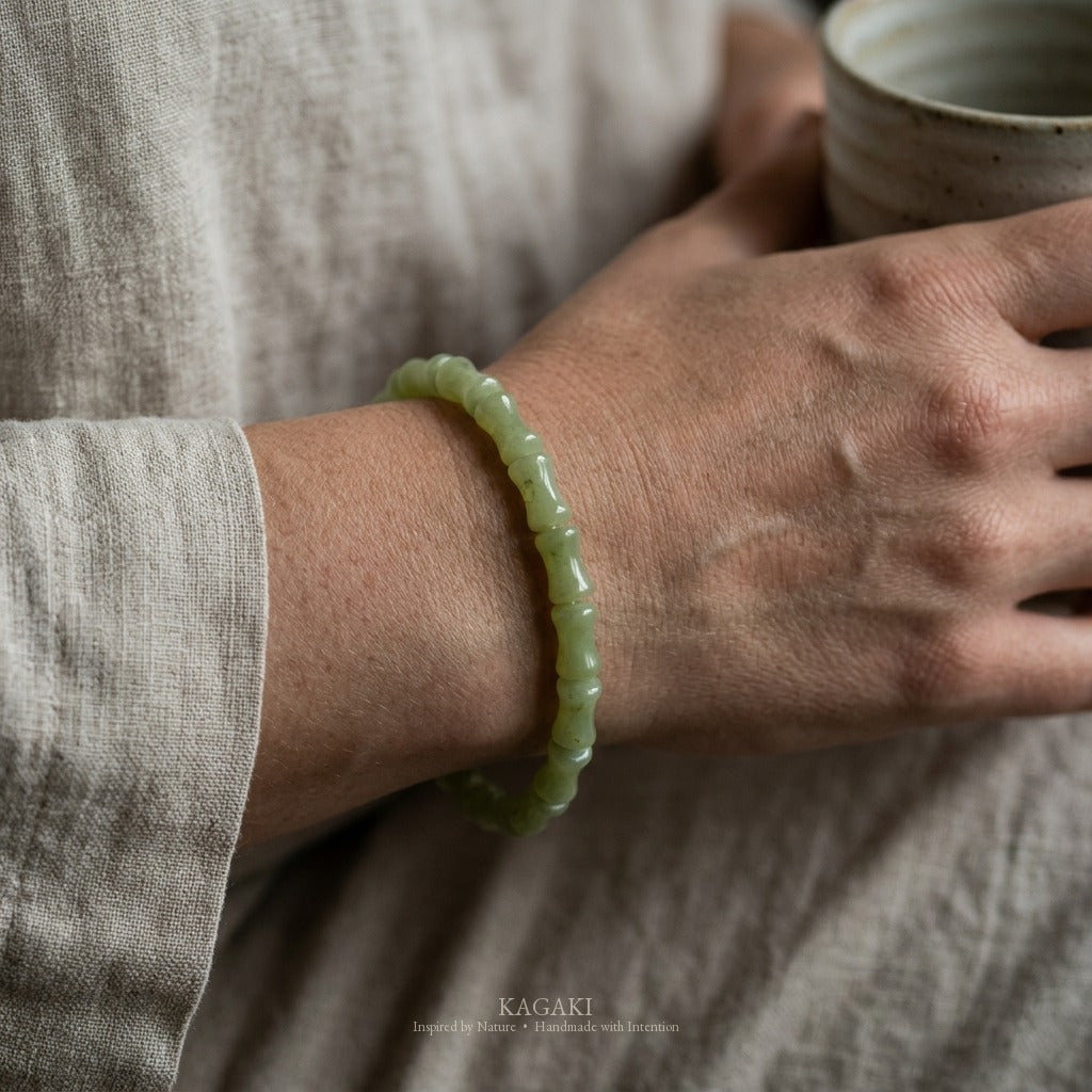 KAGAKI Bamboo green jade bamboo bead bracelet, worn view, handmade bamboo bracelet