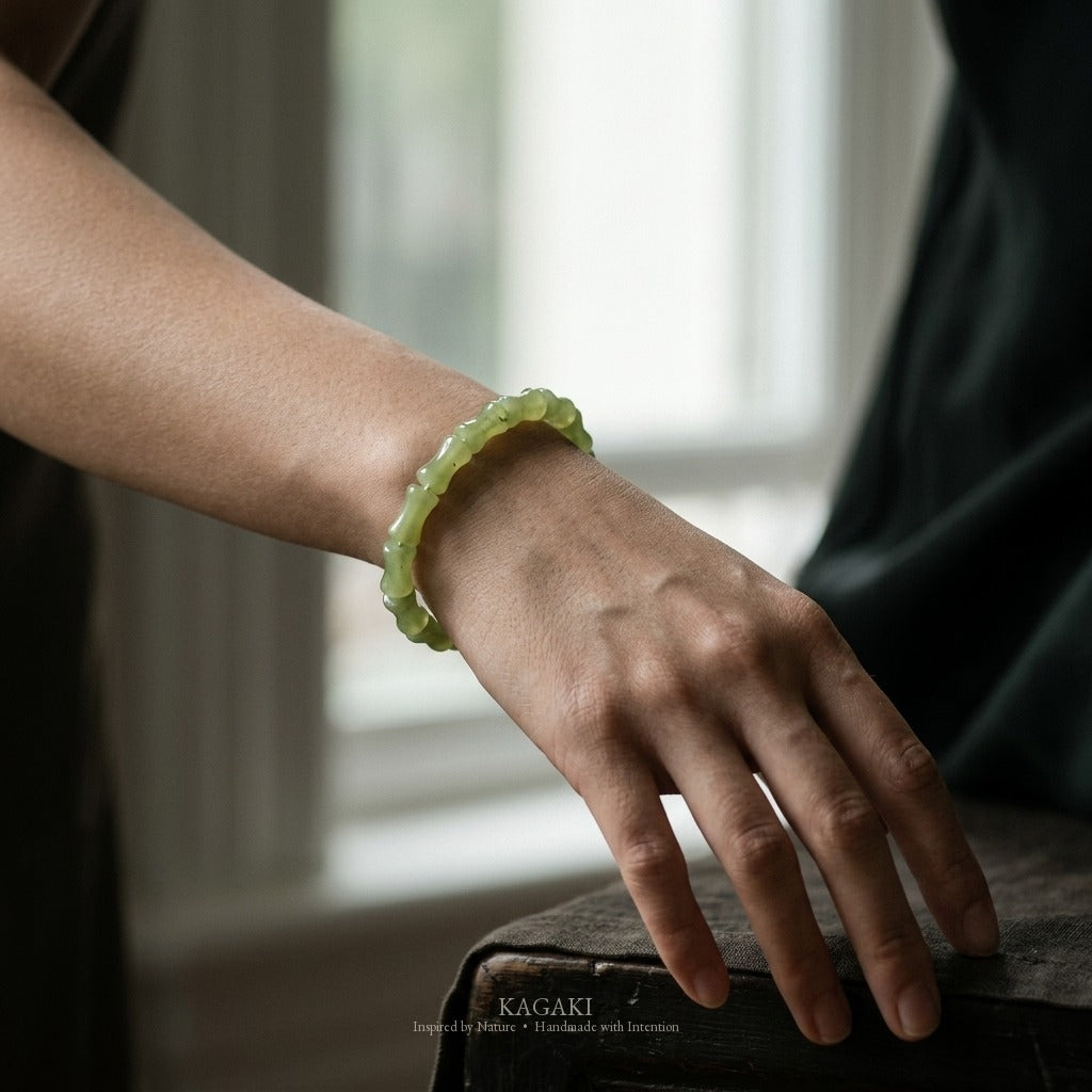 KAGAKI Bamboo green jade bamboo bead bracelet, worn view, handmade bamboo bracelet