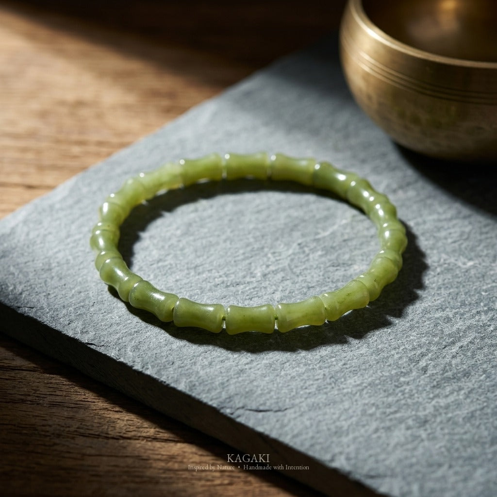 KAGAKI Bamboo green jade bamboo bead bracelet, studio styled view, handmade bamboo bracelet