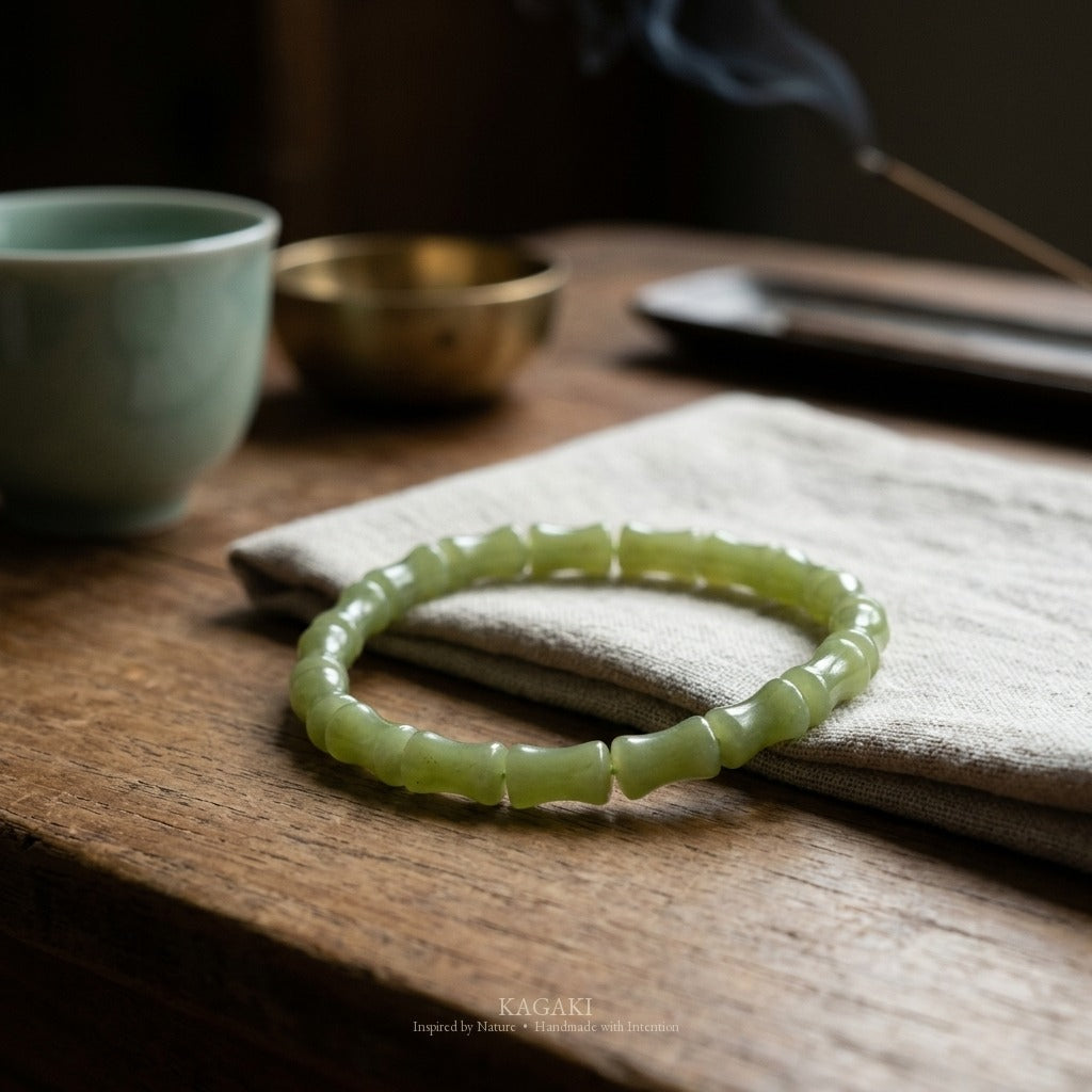 KAGAKI Bamboo green jade bamboo bead bracelet, studio styled view, handmade bamboo bracelet