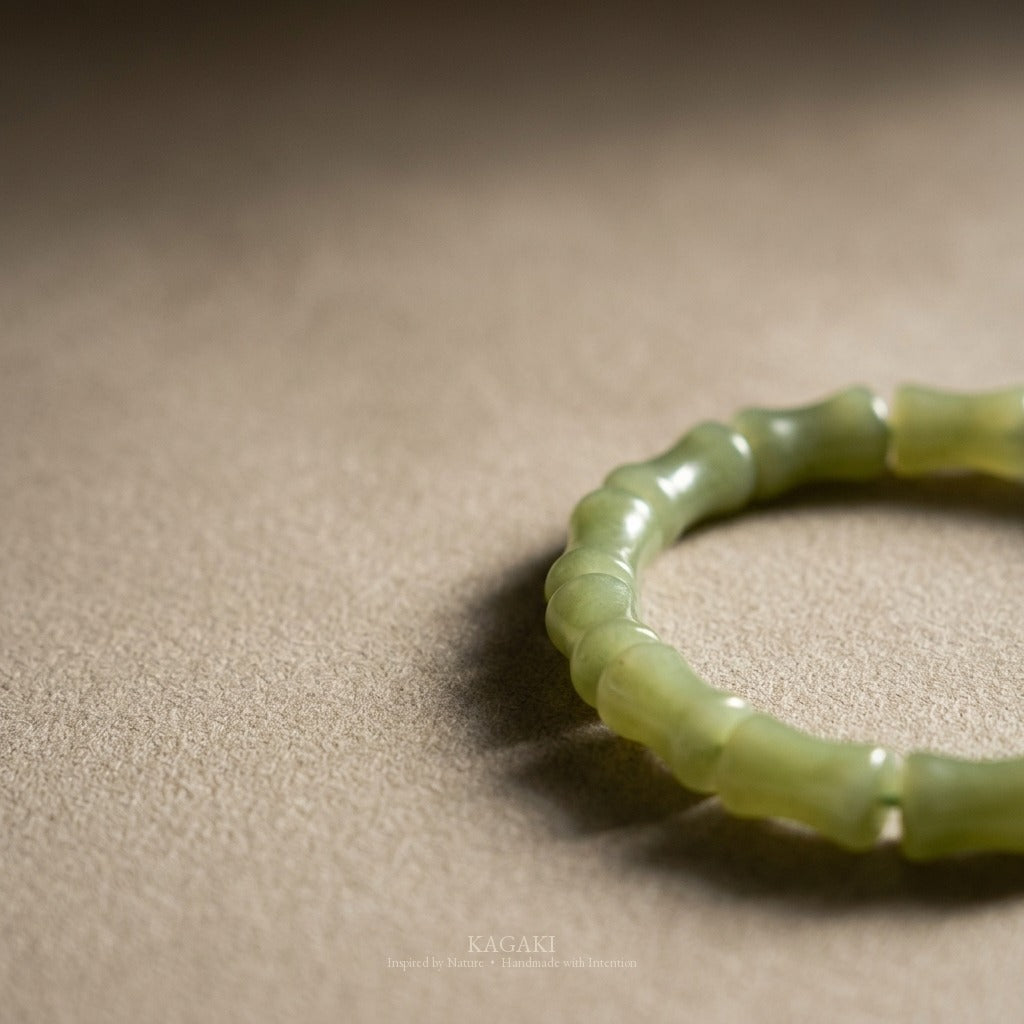 KAGAKI Bamboo green jade bamboo bead bracelet, studio styled view, handmade bamboo bracelet