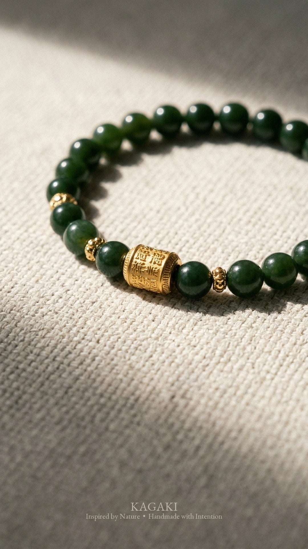 KAGAKI Scroll dark green jade carved barrel bracelet, editorial vertical, handmade green jade bracelet