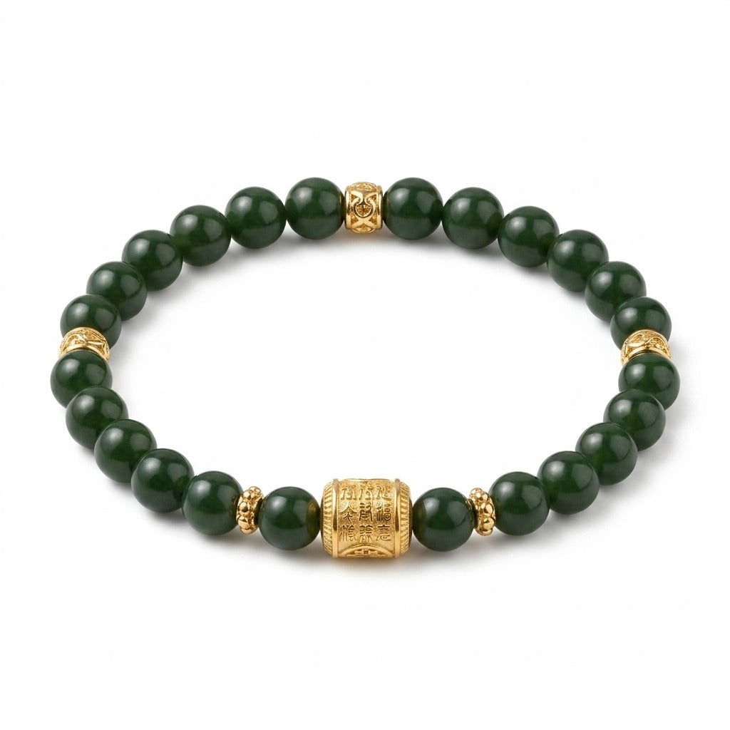 KAGAKI Scroll dark green jade carved barrel bracelet, white background product view, handmade green jade bracelet