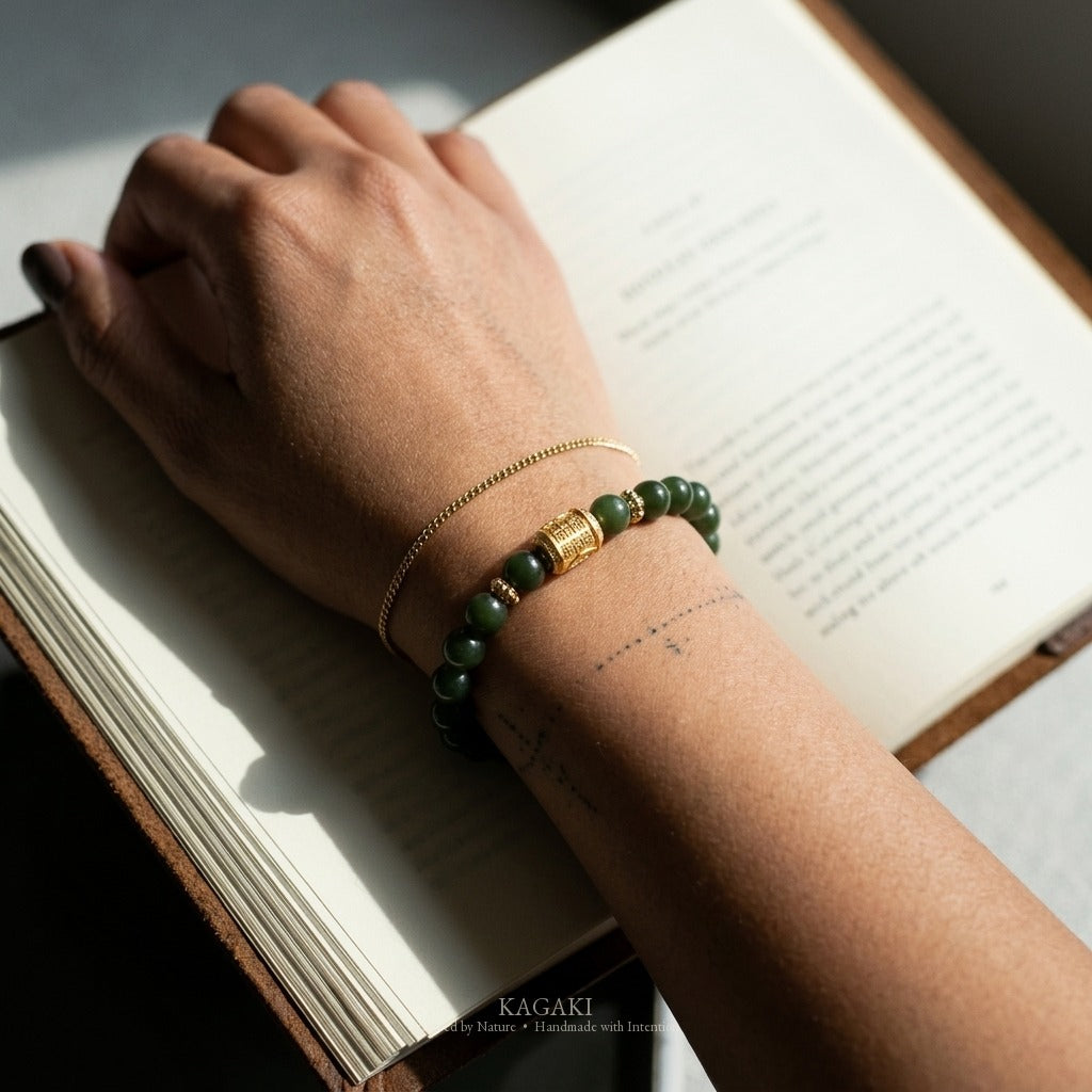 KAGAKI Scroll dark green jade carved barrel bracelet, worn view, handmade green jade bracelet
